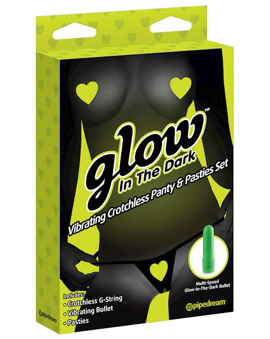 Glow In The Dark Vibrating Crotchless Panty And Pasties Set Hearts