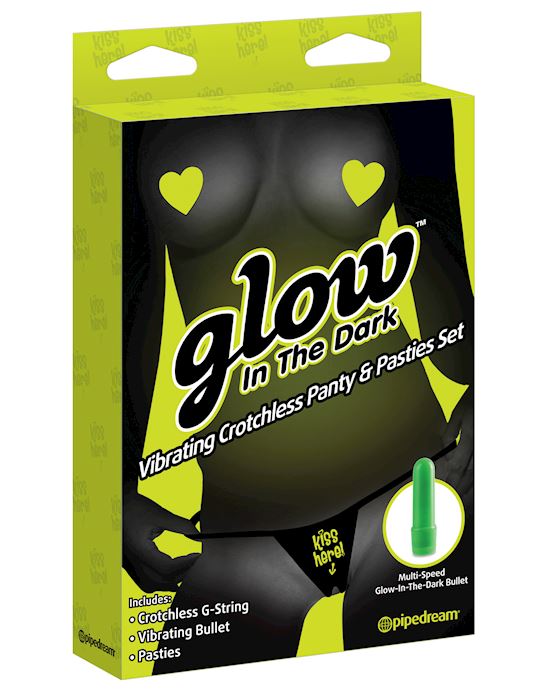Glow In The Dark Vibrating Crotchless Panty And Pasties Set Kiss Here