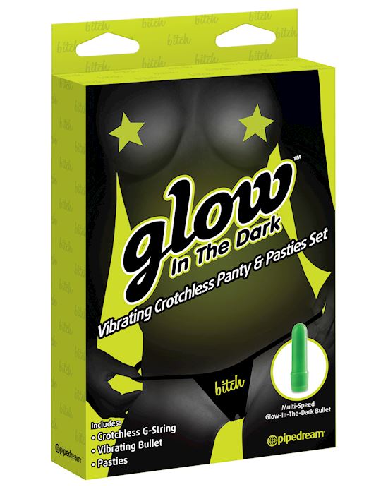 Glow In The Dark Vibrating Crotchless Panty And Pasties Set Bitch
