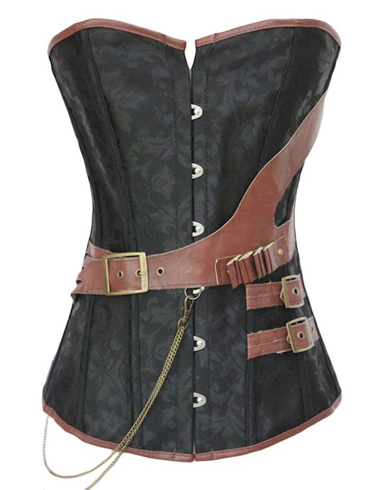 Black Brocade Steampunk Boned Corset With Leather Strap