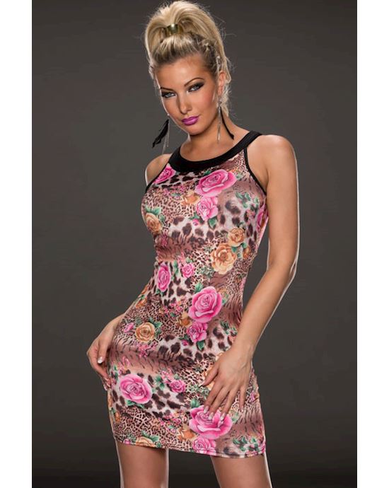 Brown Pink Rose And Leopard Print Dress