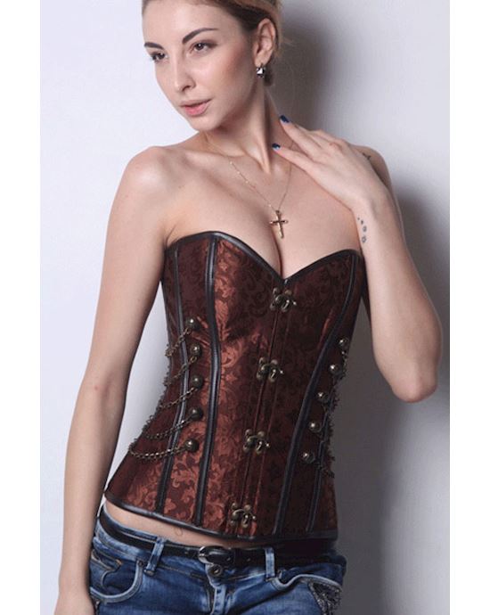Brown Steampunk Boned Corset With Chain Stud Detail