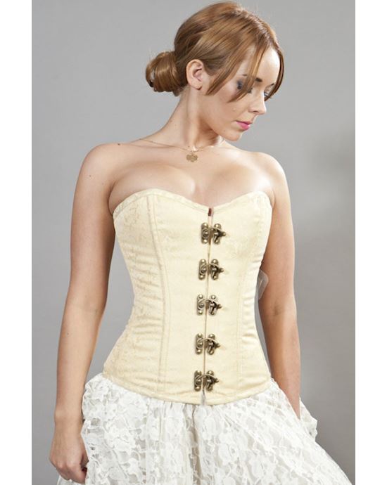 Cream Brocade Brass Lock Lace Up Corset With Thong