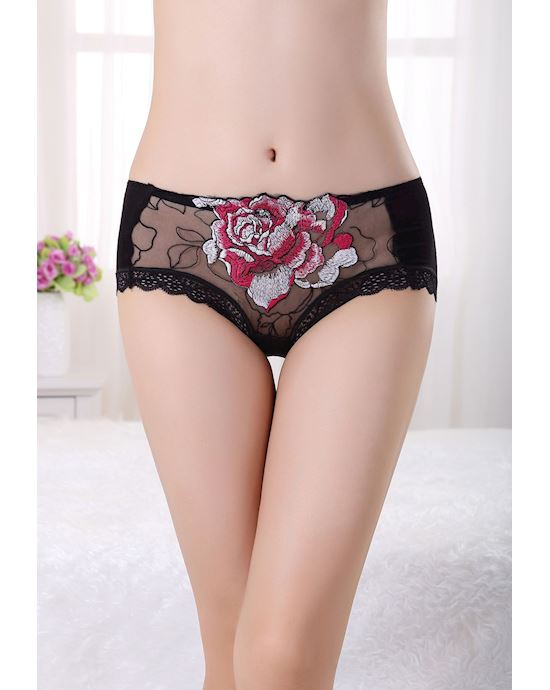 Black Large Peony Embroidered Lace Trim Panties