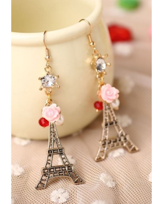Eiffel Tower Pendant Pink Flower Accent Hook Earrings
