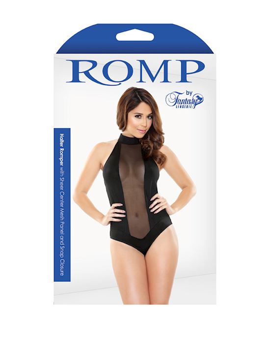 Halter Romper With Sheer Center Panel & Snap Closure
