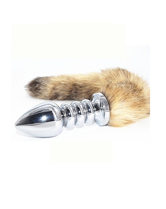 Rippled Chrome Butt Plug With Furry Tail