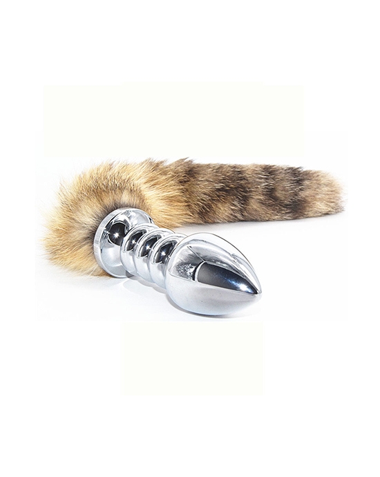 Rippled Chrome Butt Plug With Furry Tail