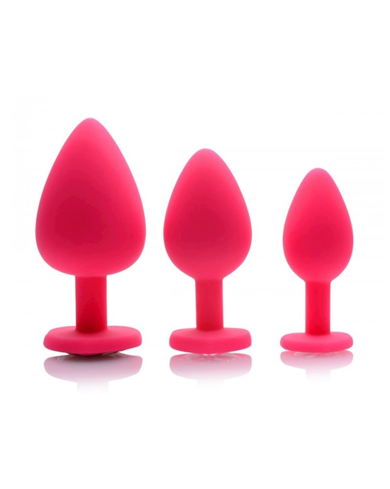 Pink Hearts 3 Piece Silicone Anal Plug Set With Gem Accents