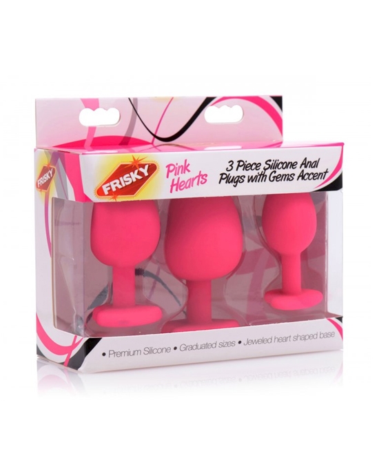 Pink Hearts 3 Piece Silicone Anal Plug Set With Gem Accents
