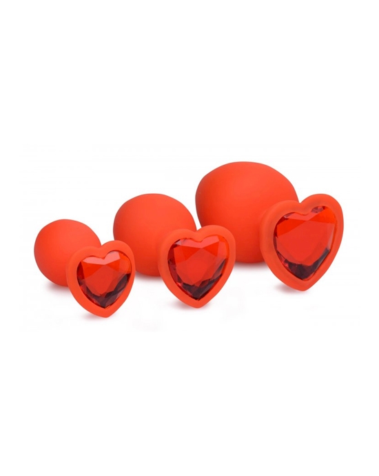 Red Hearts 3 Piece Silicone Anal Plugs Set With Gem Accents