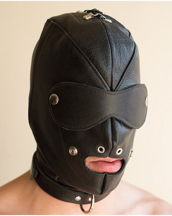Premium Leather Hood with Gag Blindfold L