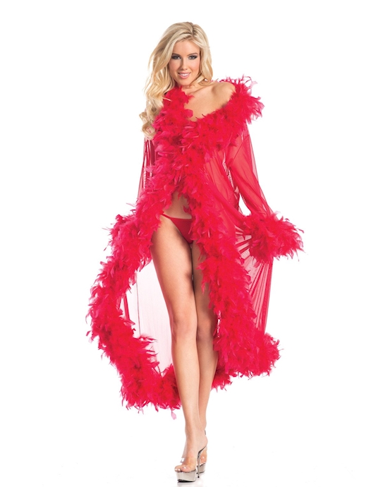 Sheer Glamour Robe With Feather Boa Trim