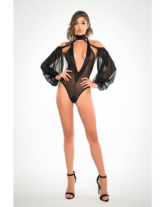 Adore Tia Plunging V Neck Body Suit With Sheer Sleeves