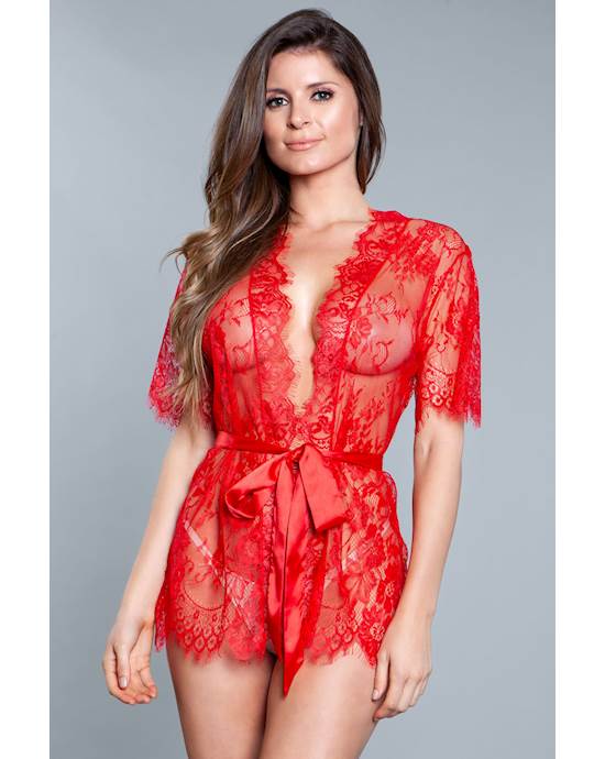 One-piece Floral Lace Robe With Satin Tie Sash - M