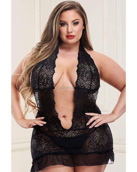 2 Piece DeepV Lace Chemise and GString Set