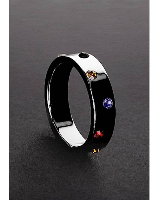 WIDE BAND STAINLESS STEEL RAINBOW GEM RING 50MM  SILVER