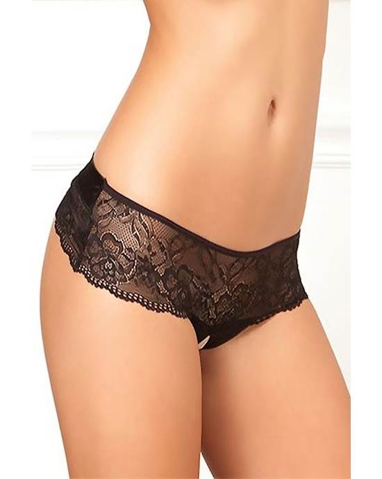 Crotchless Lace Thong With Back Bow In Black