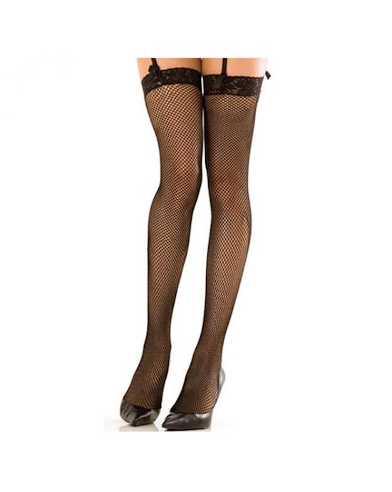 Lace Top Fishnet Thigh High Stockings Black OS