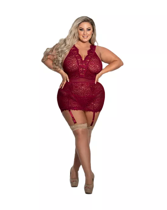 Two Piece Eyelash and Floral Lace Chemise And GString Set