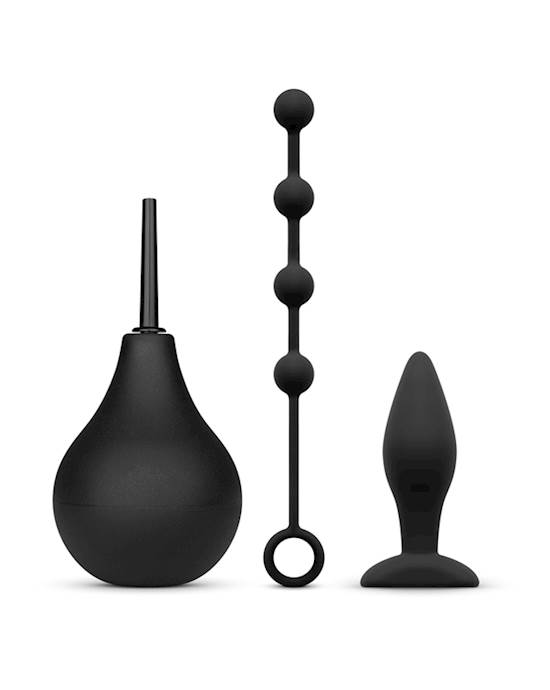 ANAL BEGINNER KIT Douche 224ml Silicone Beads 20mm Small Silicone Butt Plug Black