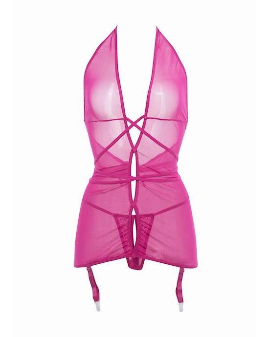 Allure Savannah Sheer Mesh Garter Dress & Open Thong Hot Pink S/m