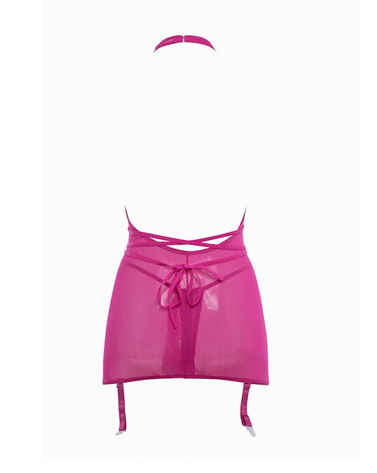 Allure Savannah Sheer Mesh Garter Dress & Open Thong Hot Pink S/m