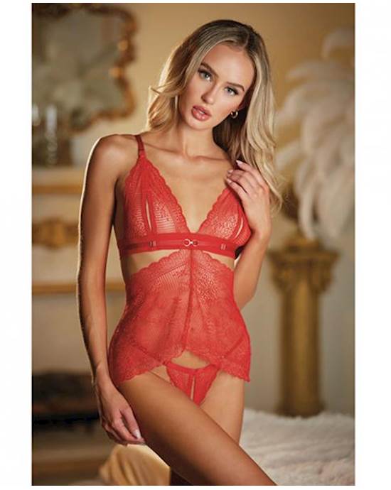 Allure Lace Peek A Boo Chemise & Ouverte G-string Red O/s