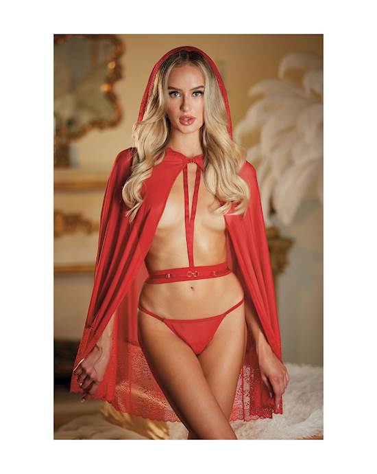 Allure Lace & Mesh Cape W/attached Waist Belt (G-string Not Included) Red O/s