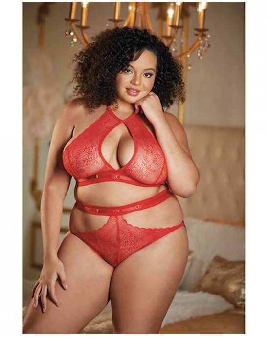 Allure Lace Halter Top & Backless Panty Red Qn