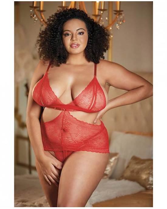 Allure Lace Peek A Boo Chemise & Ouverte G-string Red Qn
