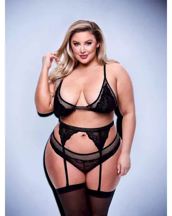 Baci 3pc Lace  Mesh Bra Garter  Panty SetBLK Q BX