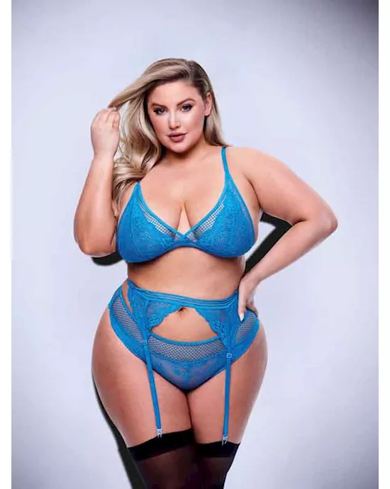 Baci 3pc Lace  Mesh Bra Garter  Panty SetBLUQ BX