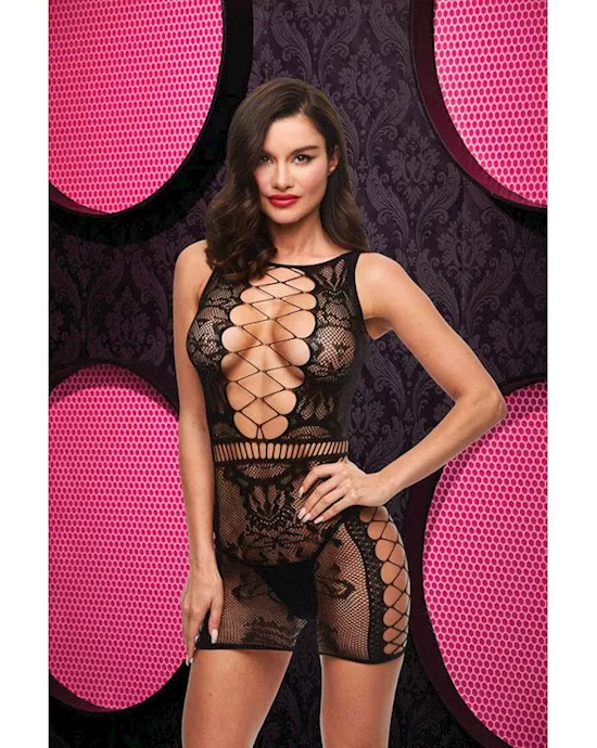 Sexy Fishnet and Lace Mini Dress  Black ENV