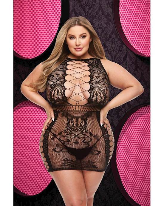 Sexy Fishnet And Lace Mini Dress - Black - Queen Size  Env
