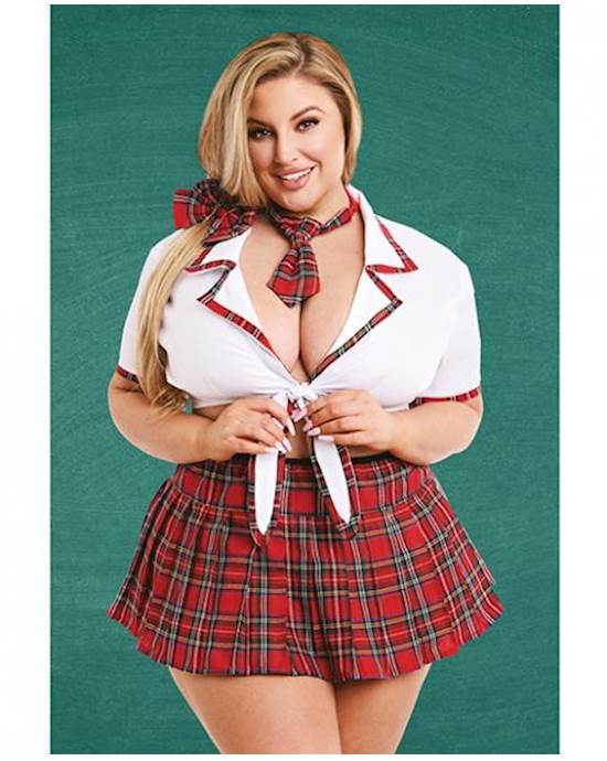 Teacher's Pet Ms Honor Student School Girl Tie Top, Pleated Skirt, Neck Tie & Hair Bow Red Qn