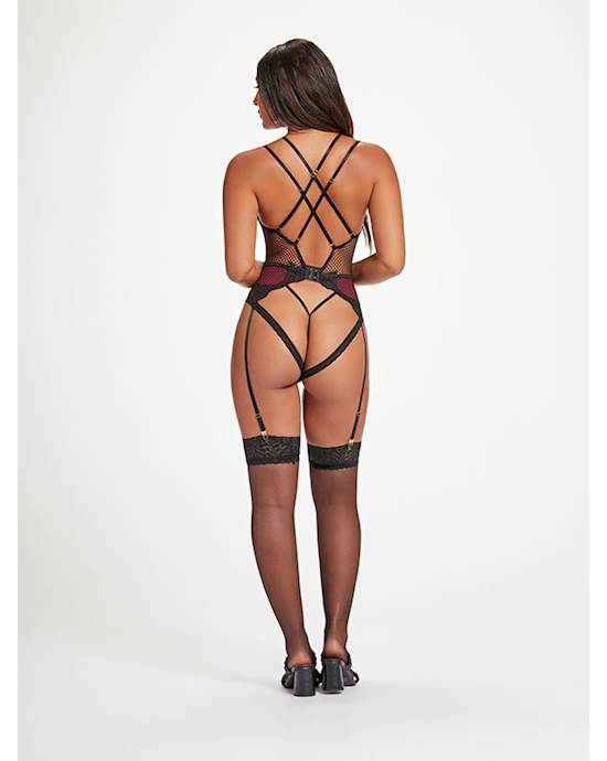 Nothing But Net Guipure Lace And Fishnet Teddy Stm-11456-black/wine-m