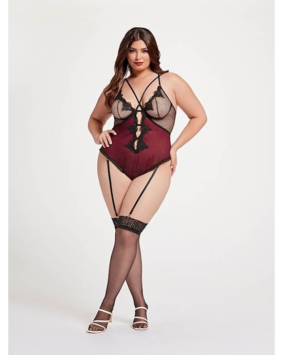 Nothing But Net Guipure Lace And Fishnet Teddy Stm-11456x-black/wine-1x/2x