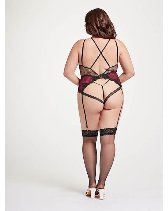 Nothing But Net Guipure Lace And Fishnet Teddy Stm-11456x-black/wine-3x/4x