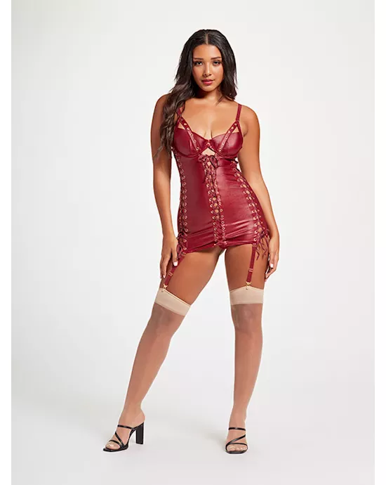 Midnight Love Vegan Leather Two Piece Chemise and Panty Set STM11492WineL