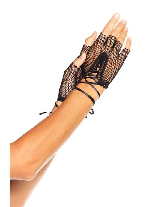 Fishnet Fingerless Lace Up Gloves
